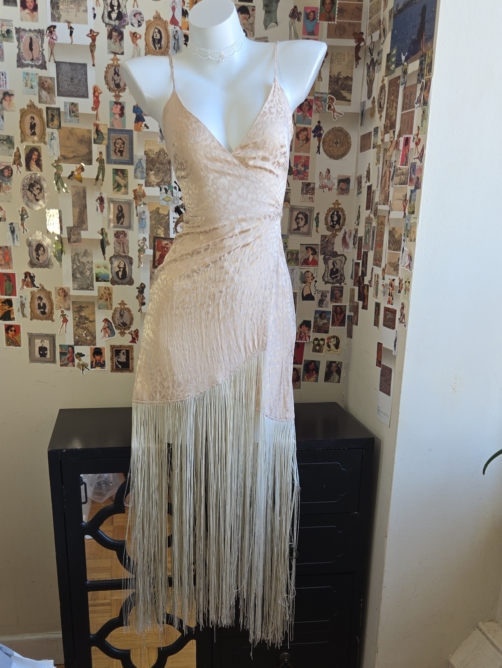 Elegant Asymmetrical Fringe Mini Dress Cream Wrap V Neck